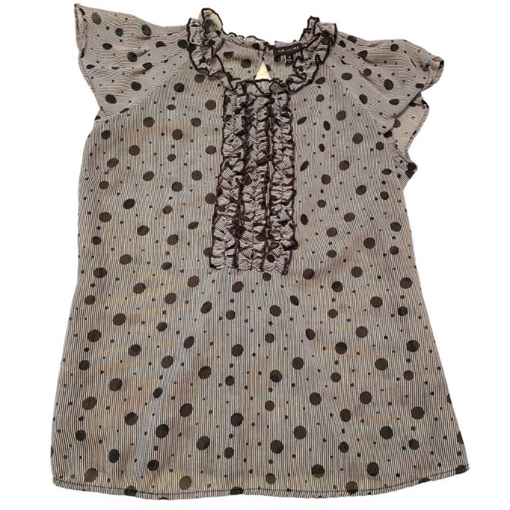 The Limited Black and White Striped Polka Dot Ruffle Blouse with Flutter Sleeves - Picture 1 of 4
